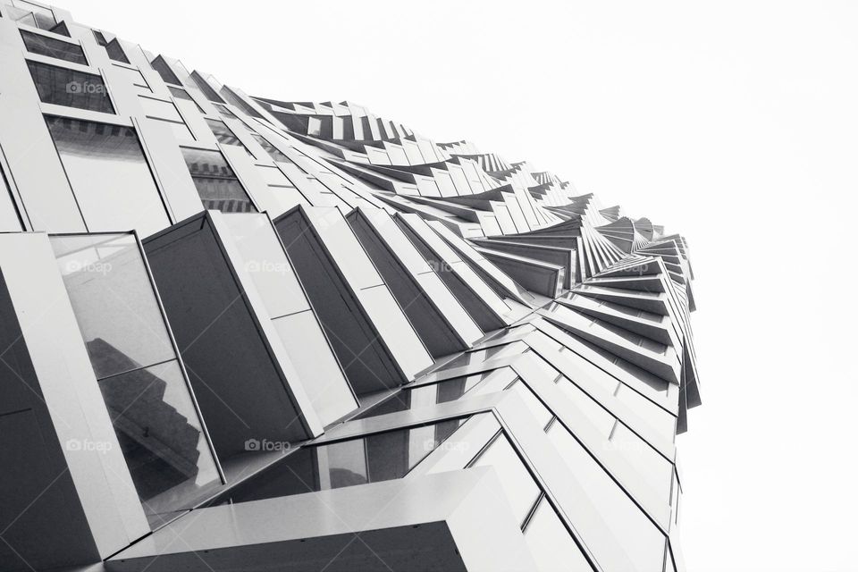 low angle view of black and white architecture looking up