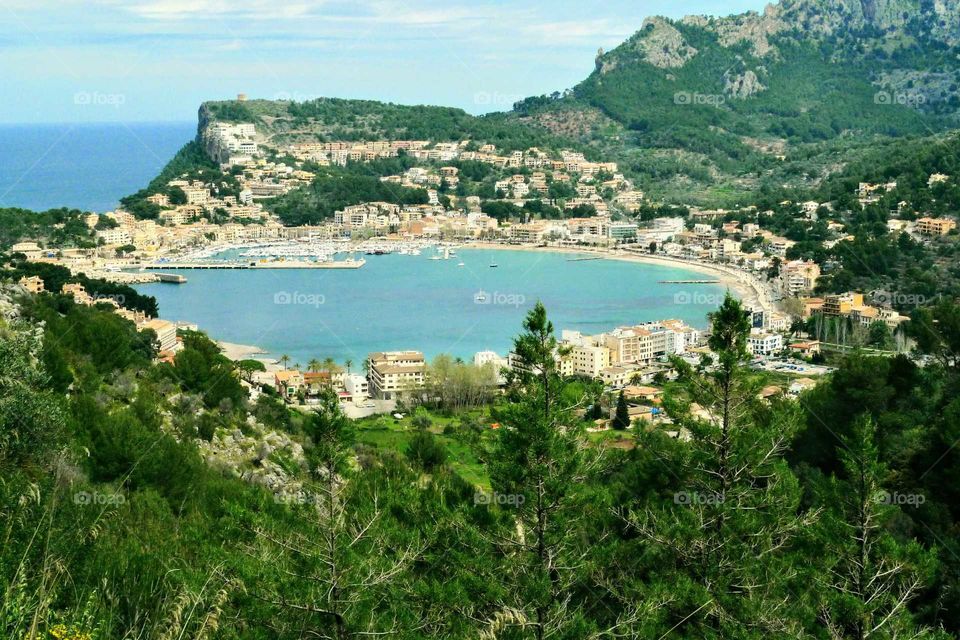 view down into the bay of Port de Soller, Mallorca. Spain