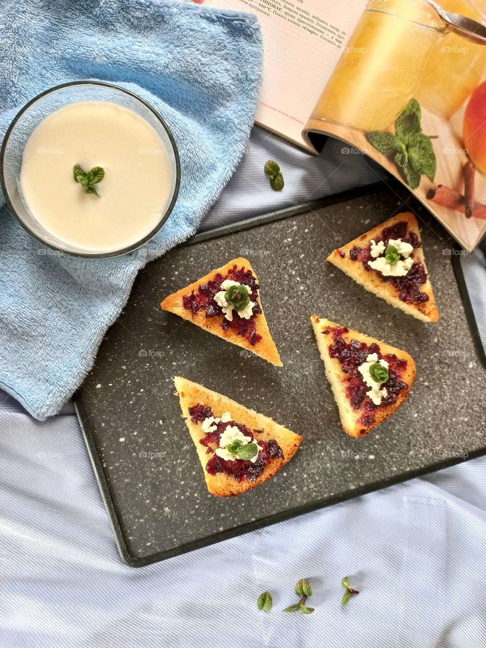 morning breakfast toast with jam and yogurt