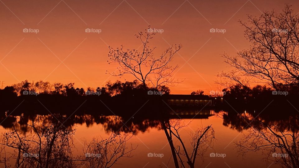 Another calm peaceful lake,  reflections of lakebed trees on calm lake waters. Orange Glow continues for a bit longer. 