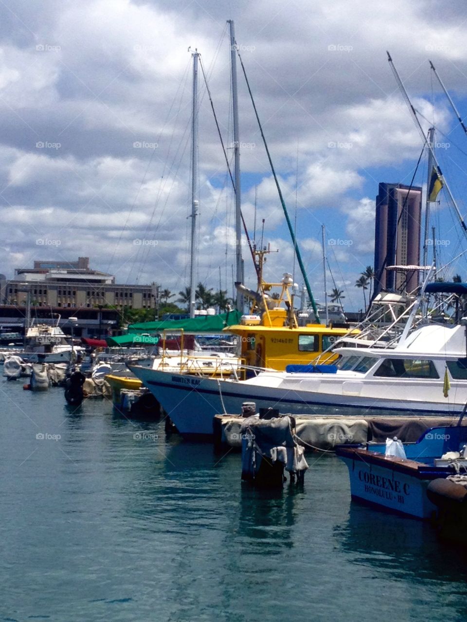 Boats in harbor. Various kinds of boats in a Hawaii harbor