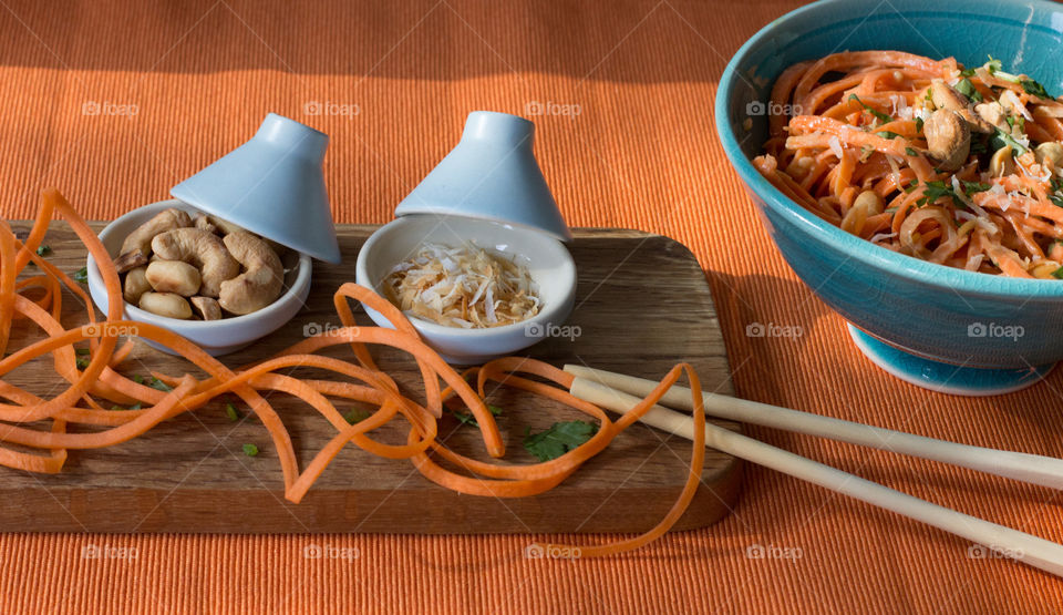 Carrot zoodles tossed with coconut, lime and seasame 