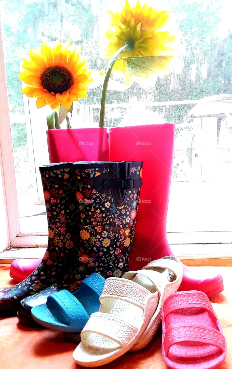 Rubber boots for wading in the creek to catch minnows rubber boots for splashing and playing in the rain rubber sandals just because they so darn cute! Yea! its summertime!