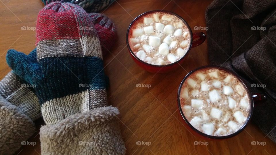 Winter Beverages Hot Cocoa with mini marshmellows & warm mittens