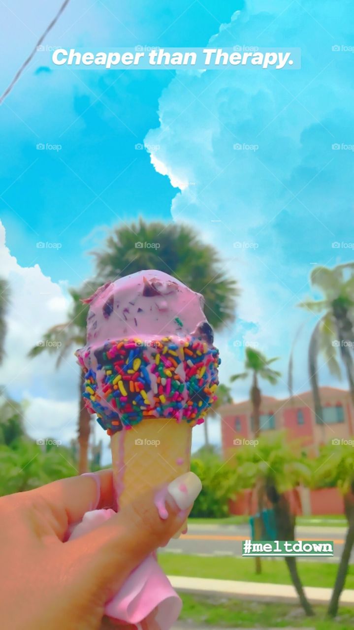 Cheaper than Therapy! (Meltdown) strawberry, black raspberry, cheesecake ice cream, pink, colorful, sprinkles, fun, colors, bright, outdoors, girly, outdoors, yummy, treats, summer, beach, spring, enjoyment, delicious, clouds, Sky, blue, sunny, ice 