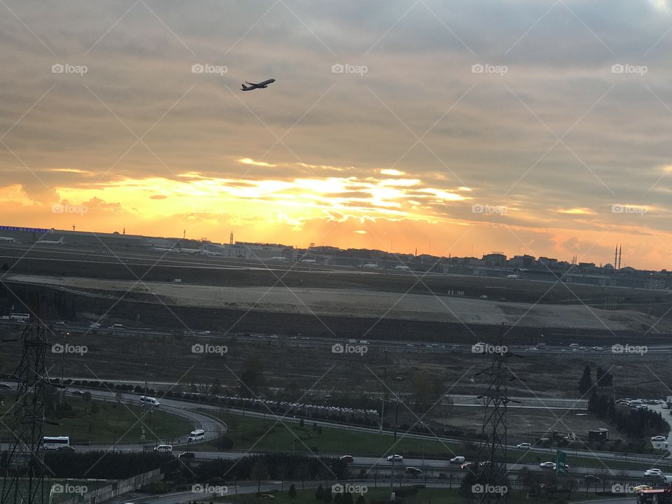 Ataturk airport at sunset in beautiful city of Istanbul.