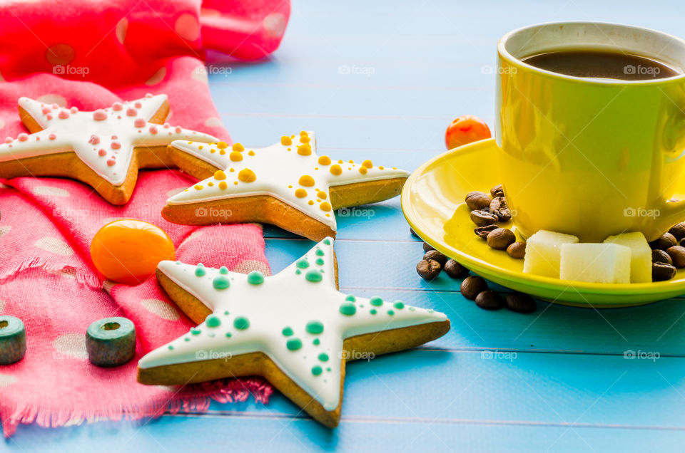 Close-up of cookies and coffee