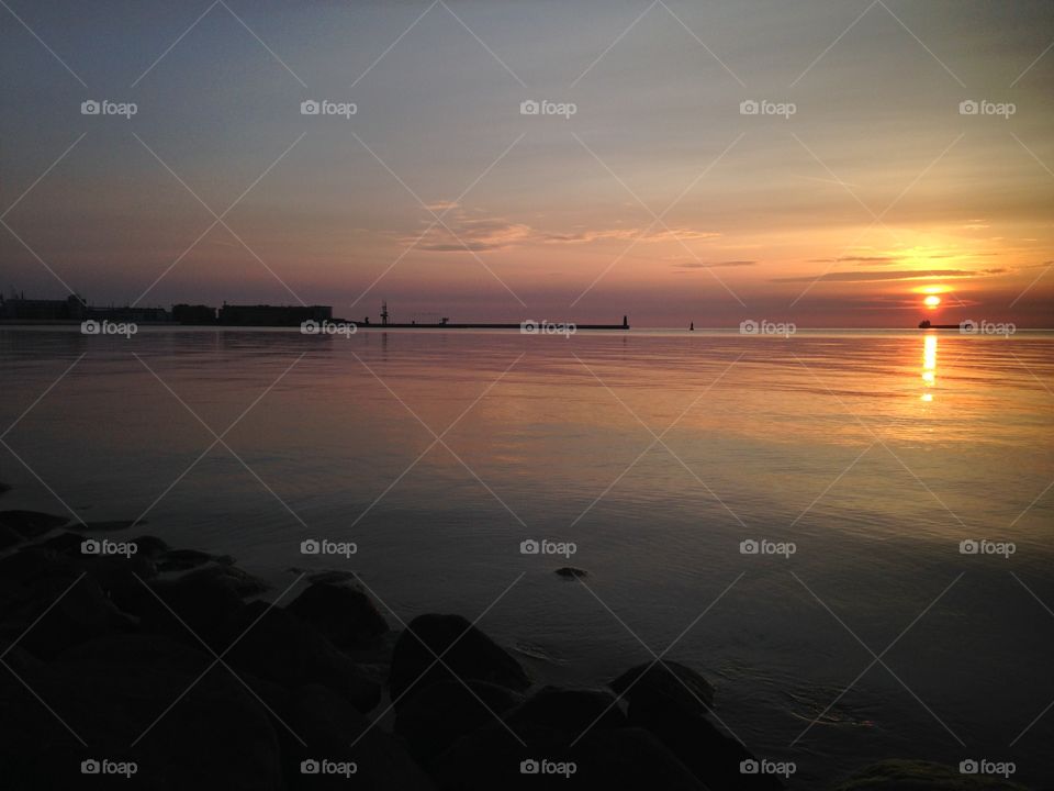 Beautiful sunrise over the sea. The Baltic Sea view in Poland 