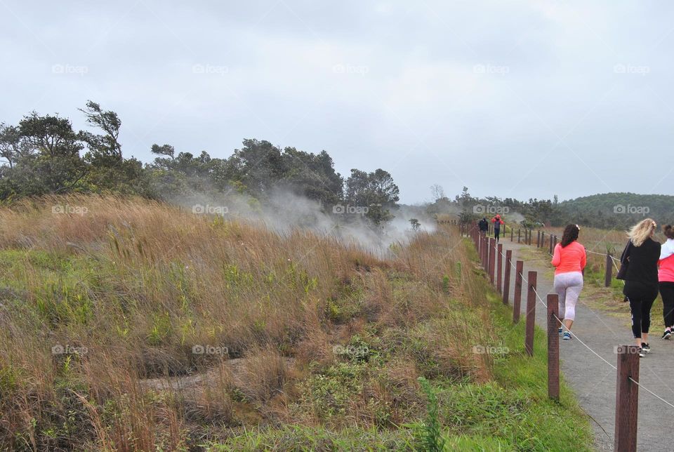 People walking on the steam vents trail in volcano National forest 