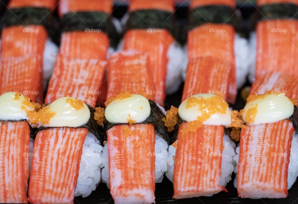 Crab , Shrimp eggs and  Seaweed  are sushi component