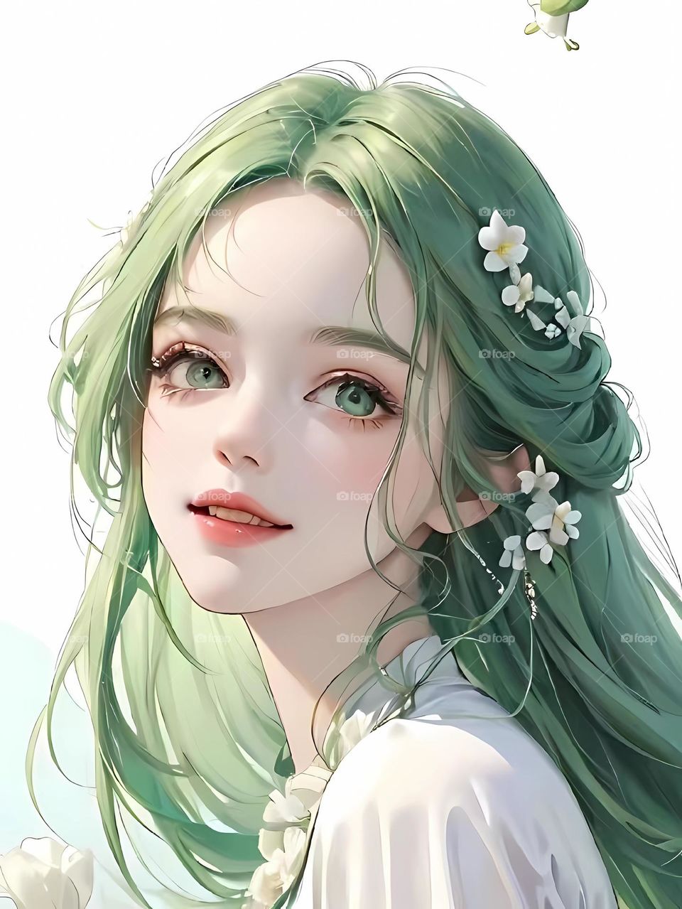 Beautiful green long haired girl holding flowers in spring