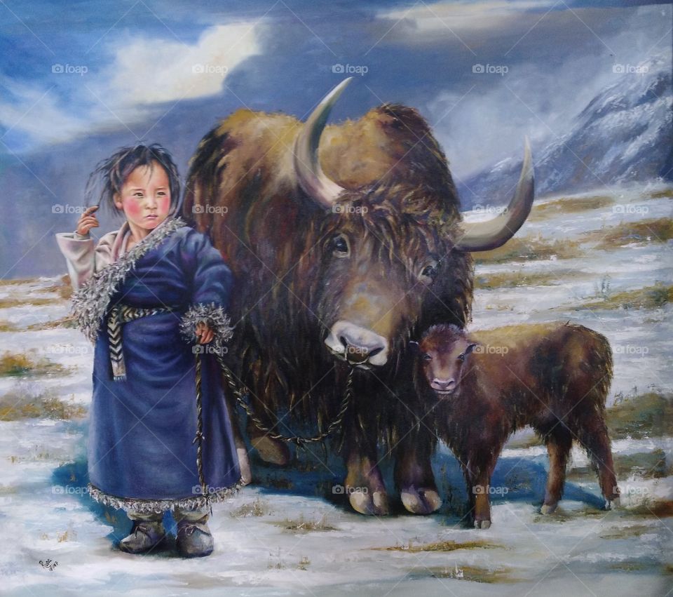 Amazing Art painting of tipical Nepali himalayan child with Yak. Oil painting
 painting's image. This painting is created by Mrs Rupa Maharjan the top 5 Artist artist of Nepal. We don't have much knowledge of technology so we don't know how to sell online but I am trying
