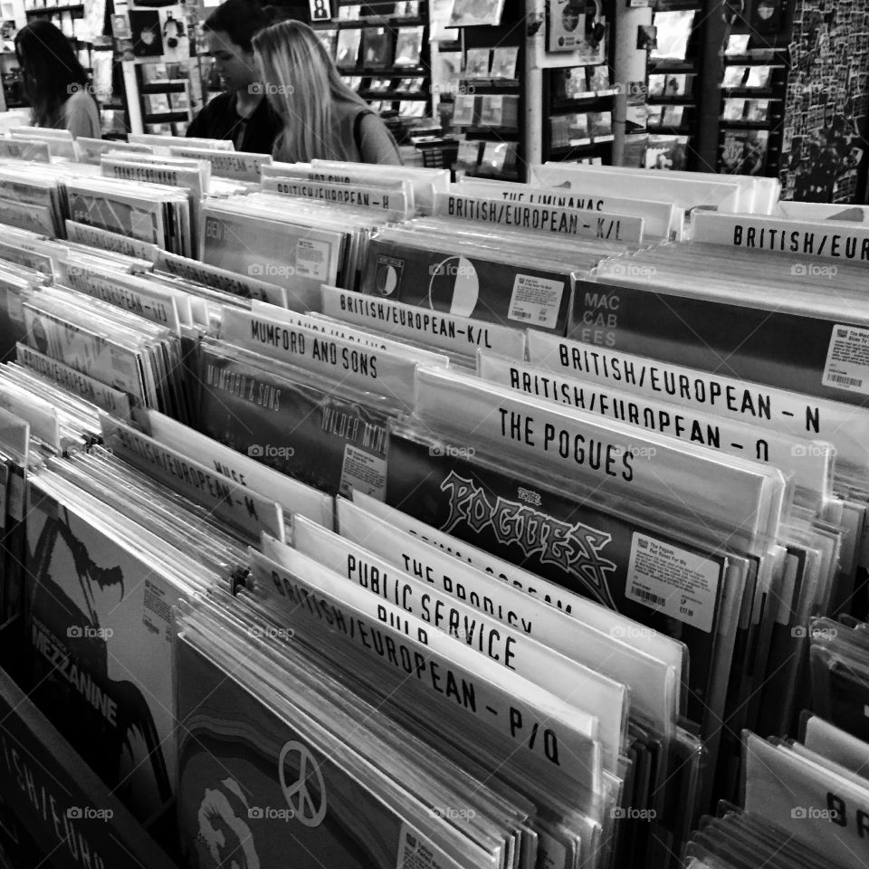 Black and white shot of vinyls, Brick Lane, London. 