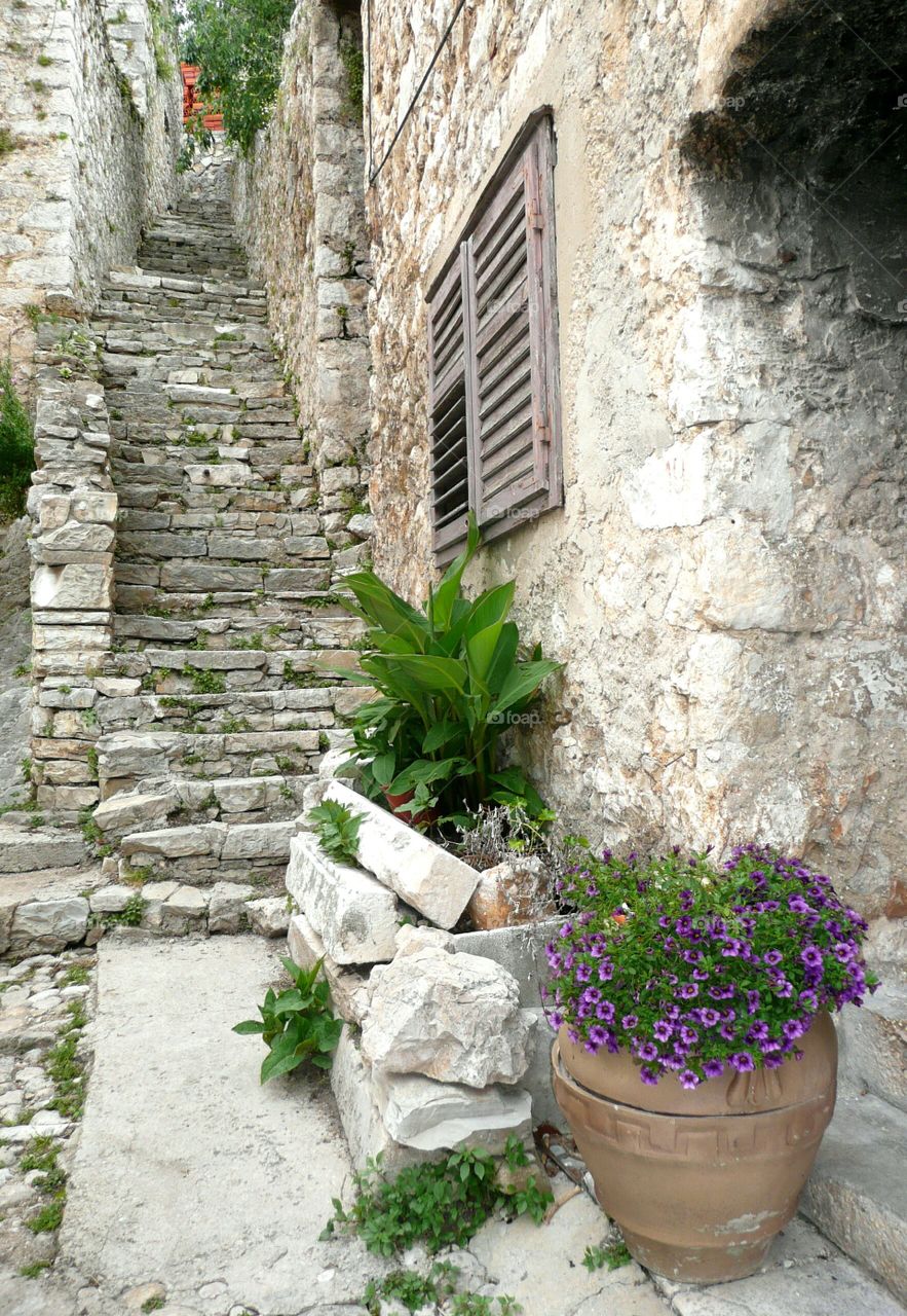 Old stone stairs and house 