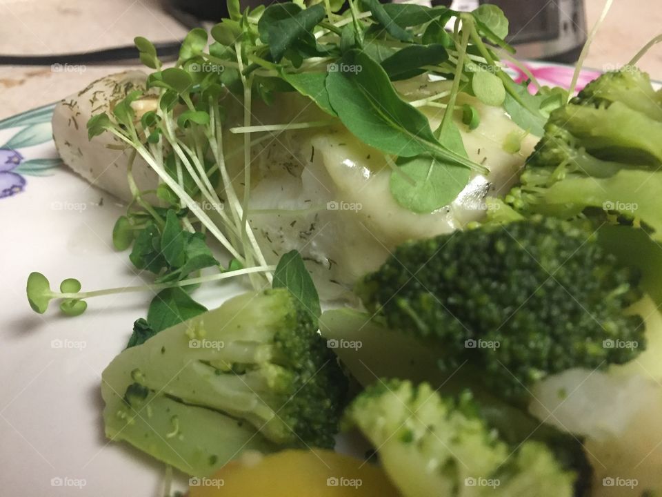 Arugula and mustard MicroGreens on baked cod with vegis