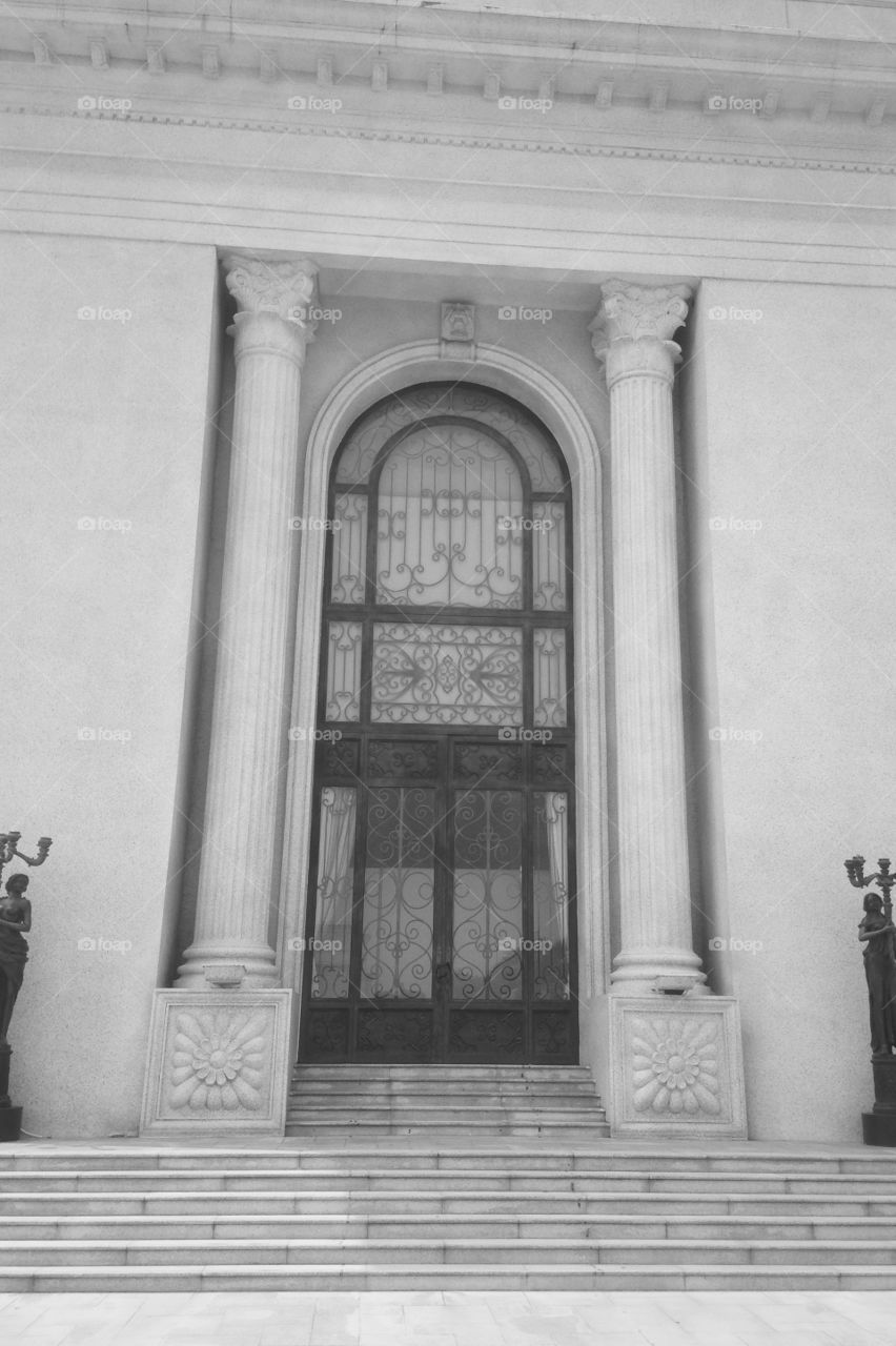 Black and white photography of a door