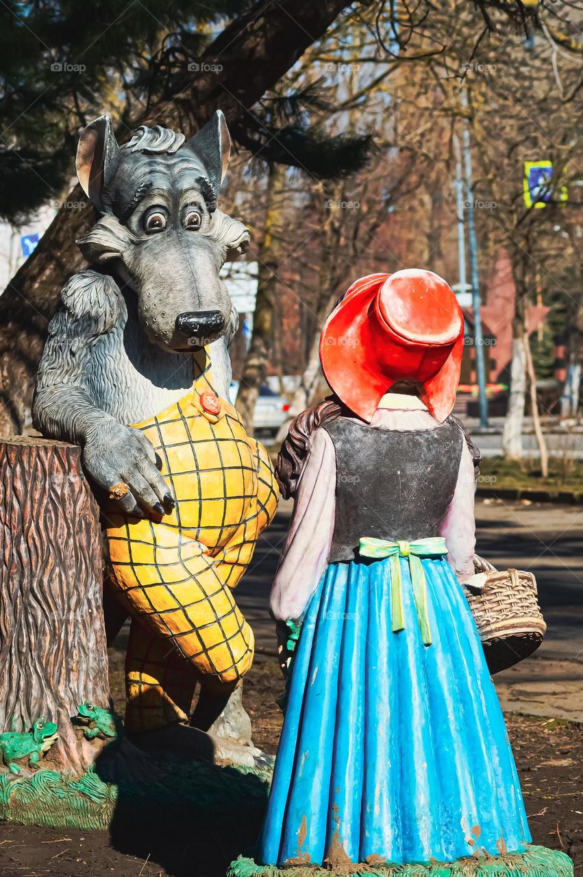 Characters from the fairy tale wolf and Little Red Riding Hood on the street of the city of Rostov-on-Don