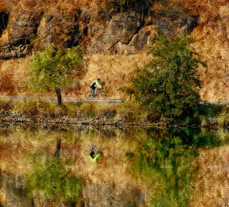 A digital oil painting of a cyclist on a bike trail out for a ride
