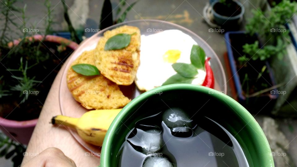 Close-up of breakfast with drink