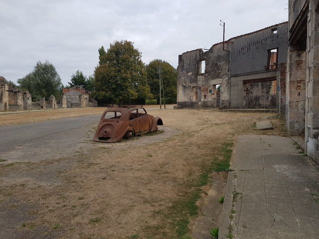 Oradour-sur-Glane, Part of the 1944 French abandoned war village. The car burned down.