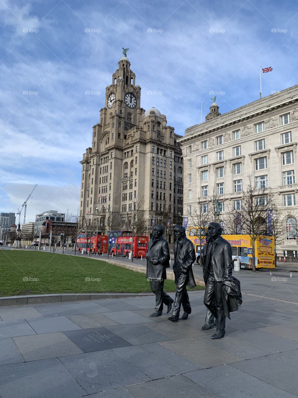 Beatles Statue and Liver Building, Liverpool, England