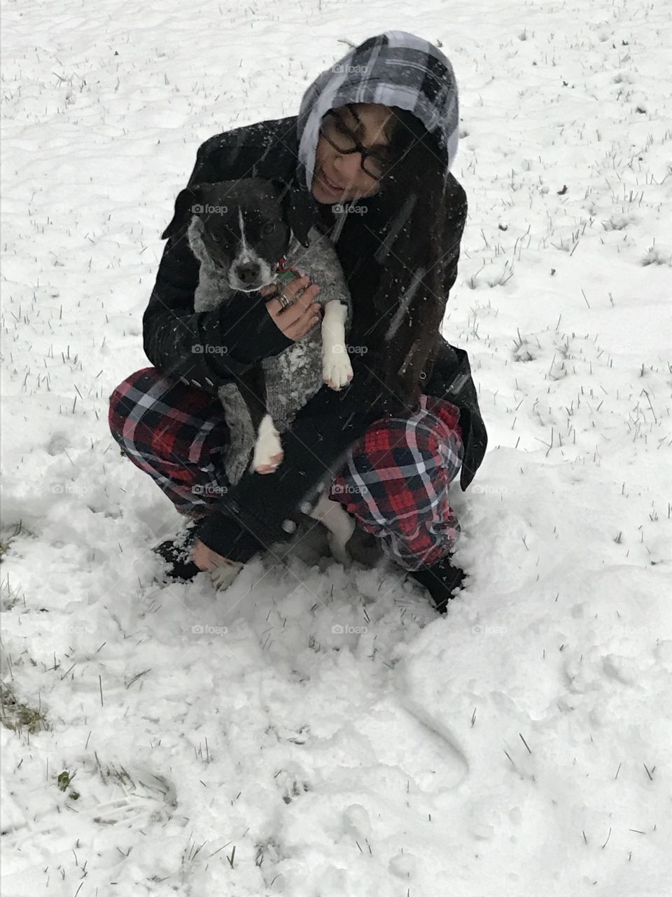 Snow day fun! An adorable puppy I’m a sweater, bright flannel, and a light snowfall. 