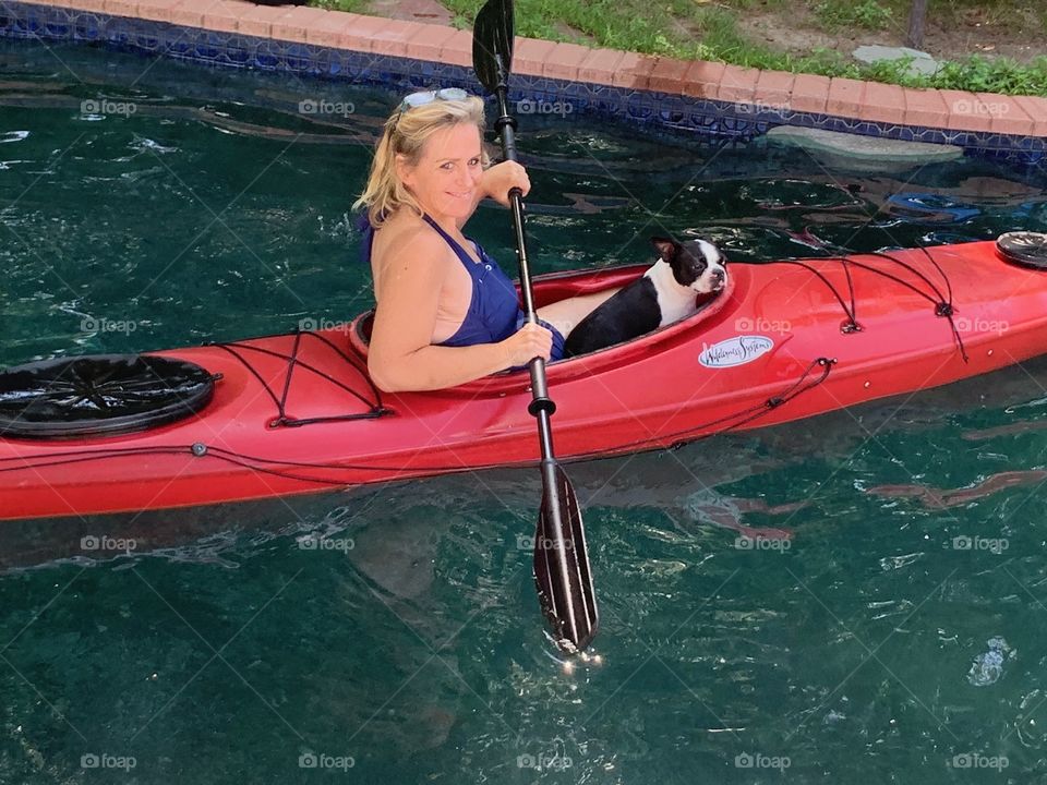 Beans and I practiced our kayaking in the pool. Better to keep this sweet puppy safe. Such a good dog!