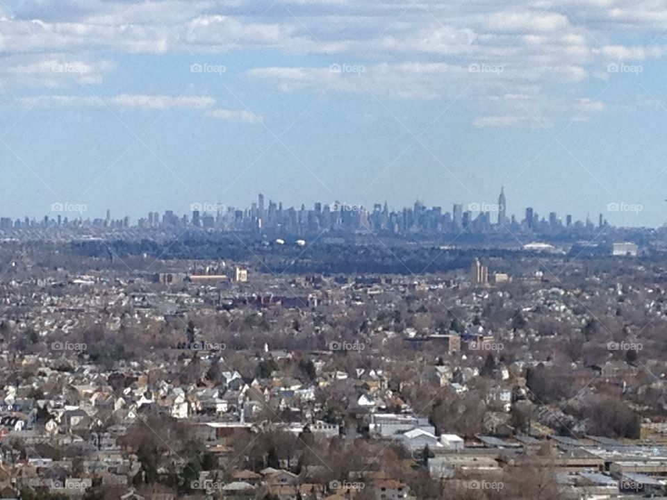 View of the New York skyline from a mountain in New Jersey.