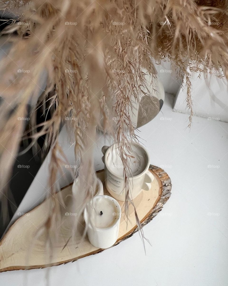Boho flat lay, pampas beige home decor, ceramic vase, candles, aesthetics 