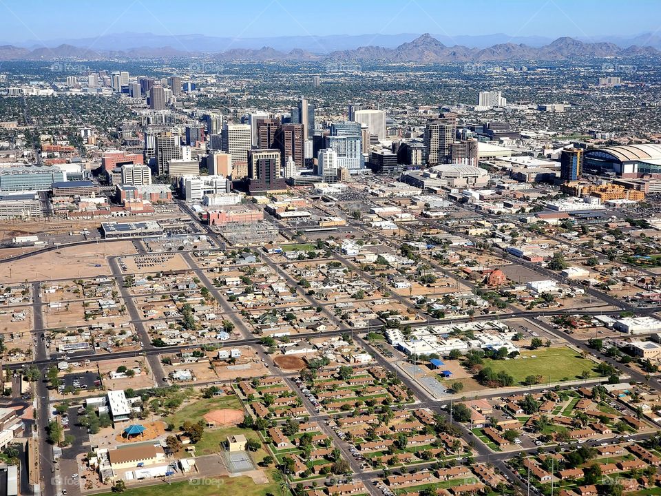 Phoenix Arizona photographed on a clear beautiful day from a commercial jet on final approach into Sky Harbor airport