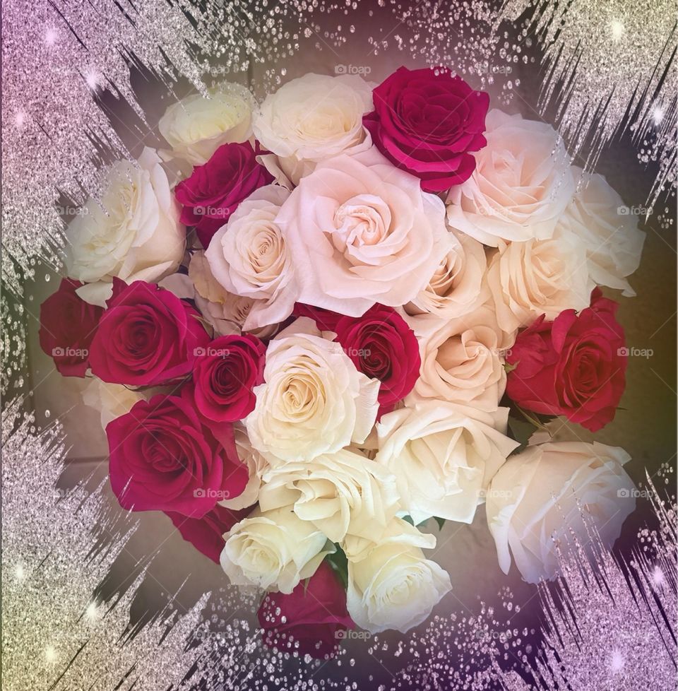 White and red roses with frosting.