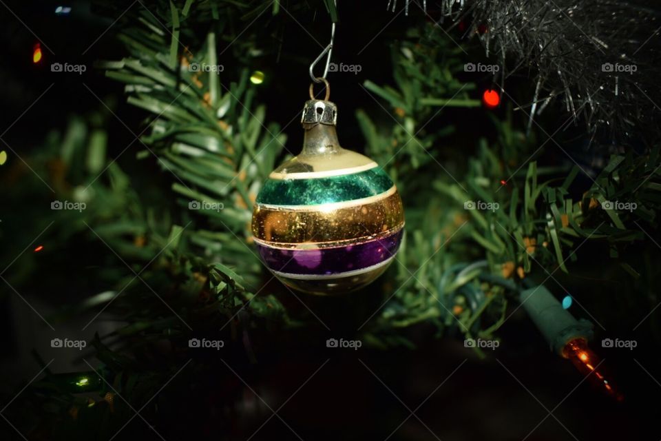 Close up of a colorful hanging ornament on a Christmas tree surrounded by green branches. 
