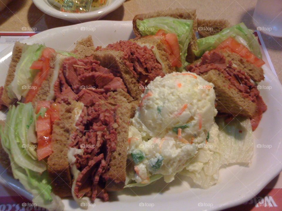 Corn beef club sandwiches and potato salad from the Nanuet Diner  