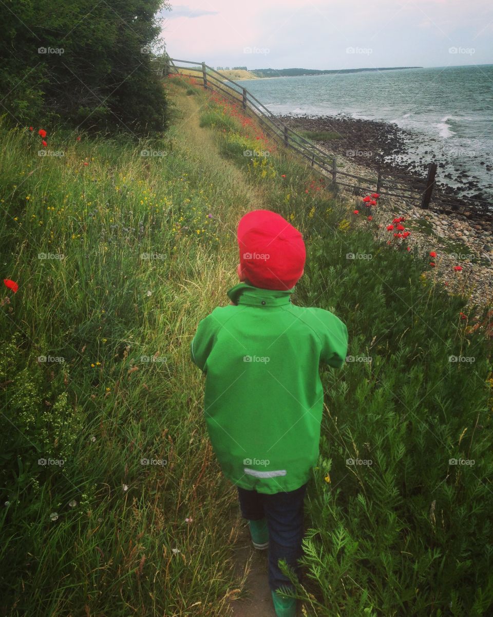 Camouflage dressed boy amongst poppies