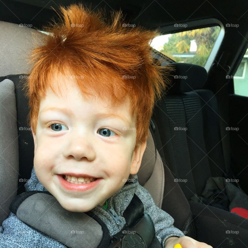 Red head toddler with morning hair 