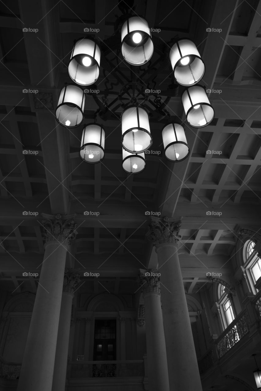 Inside the old building with chandelier