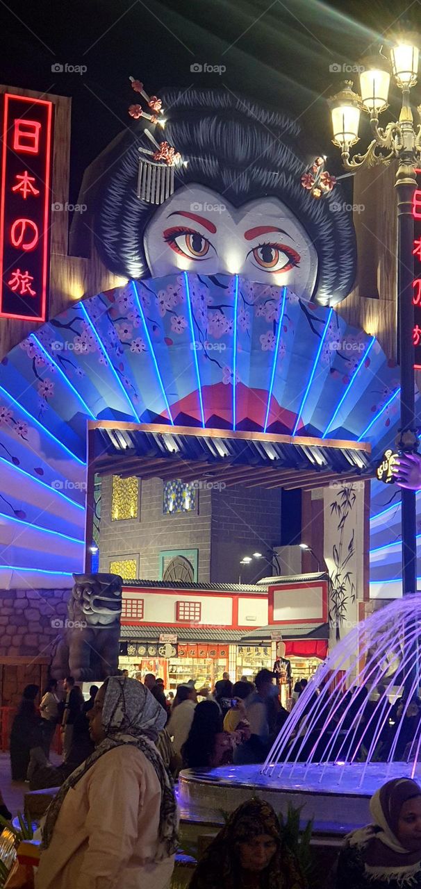 Japanese shop in Dubai global village at night