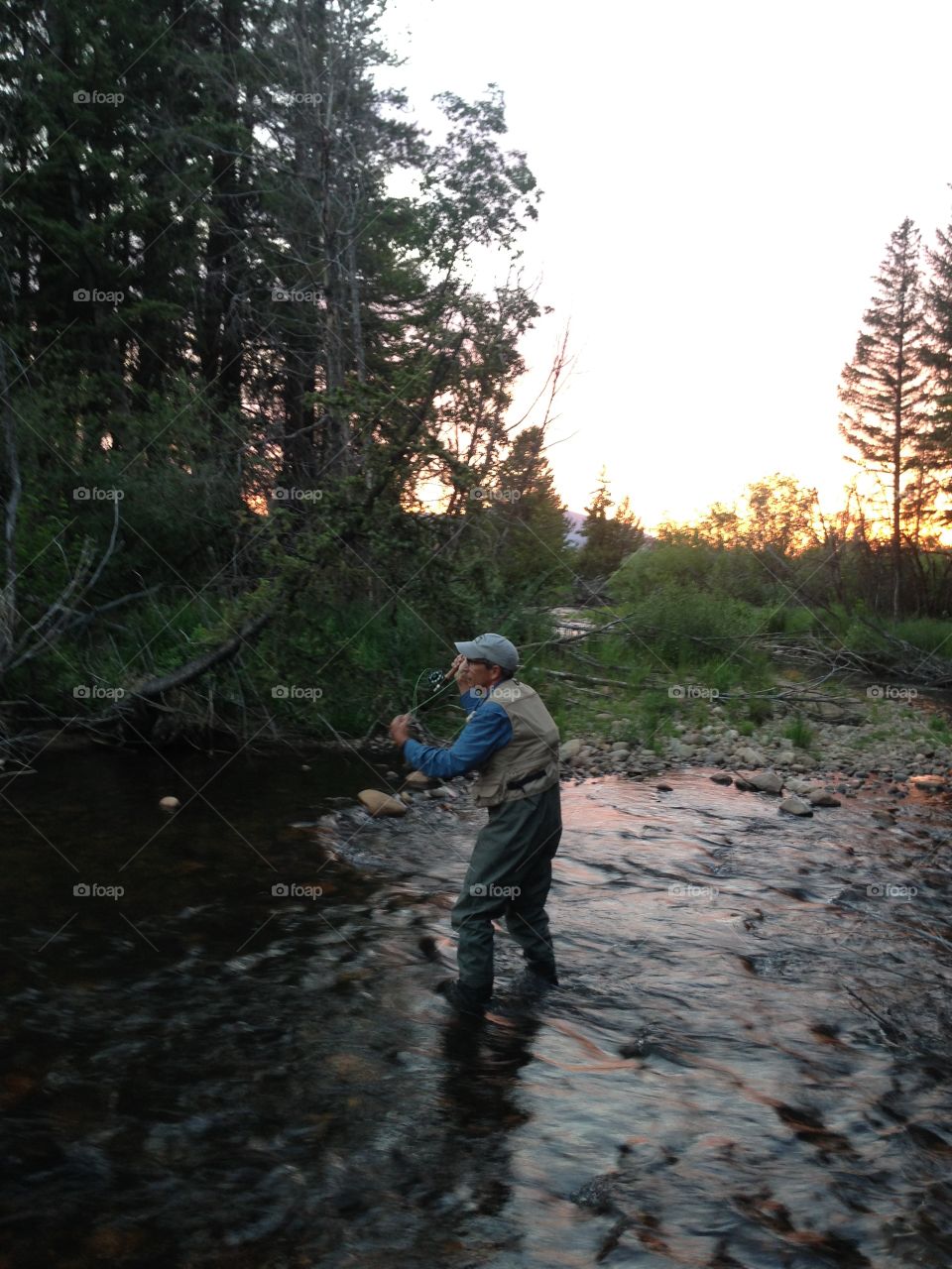 Casting a fly rod in a mountain stream