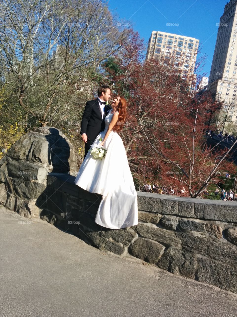Spring doves. While strolling Central Park, New York, this newly wed couple stood on Gapstow bridge brick railing. 
