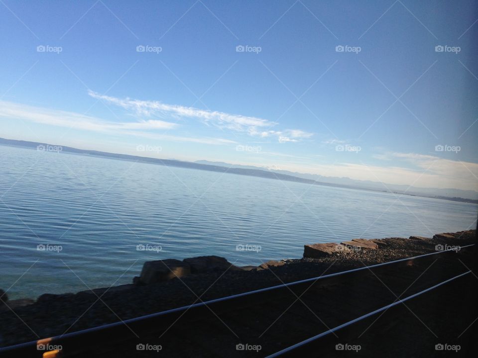 View from the train . Amtrak Cascades route from Seattle to Vancouver.