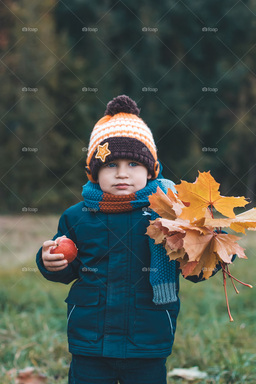 the boy walks in the fall