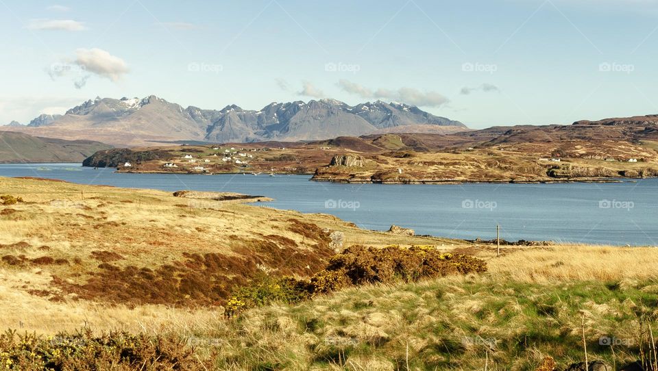 The view across Loch Harport to the Cuillin mountains on the Isle of Skye