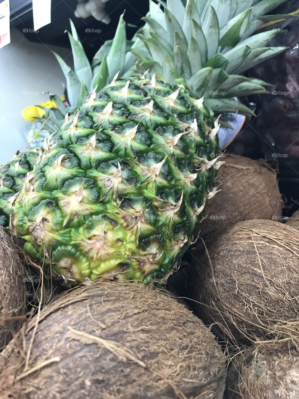 Close up of pineapple and coconuts showing texture