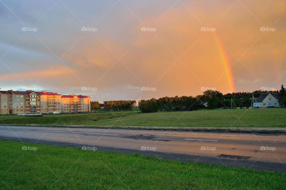 beautiful rainbow in the city