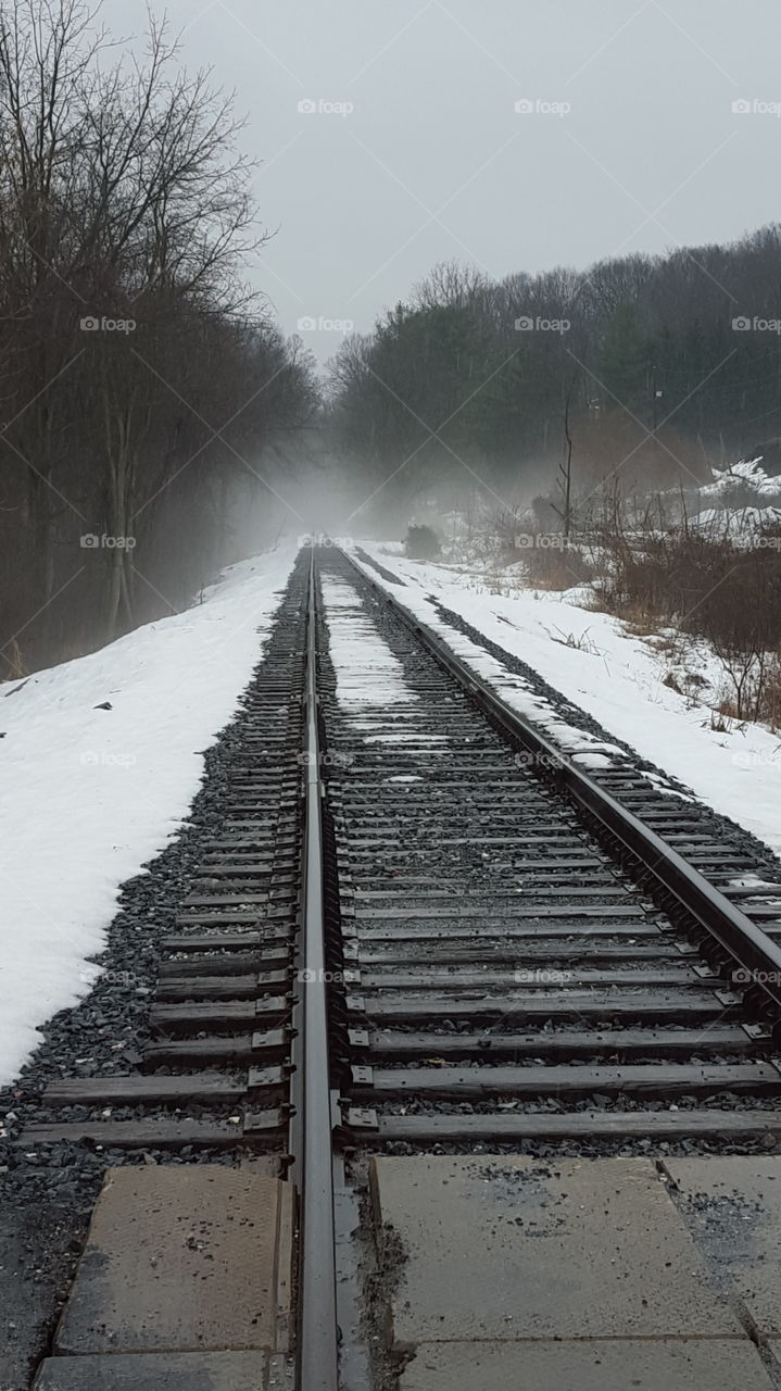 Foggy train tracks in the snow