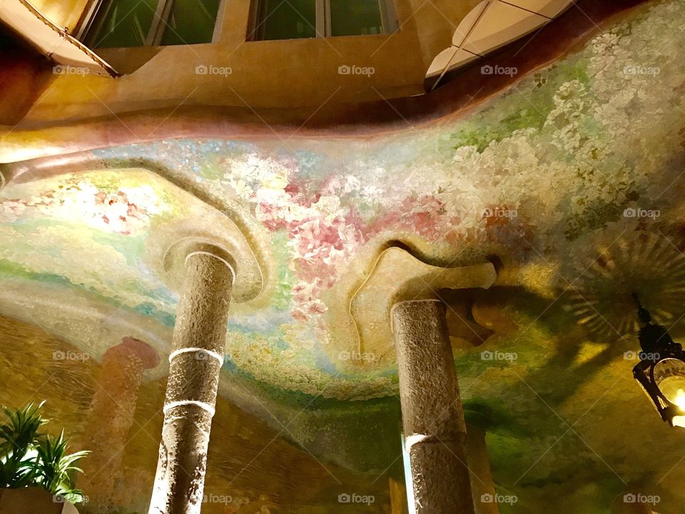The entrance foyer of La Pedrera, Casa Mila, Gaudi’s natural impression on the ceiling! 