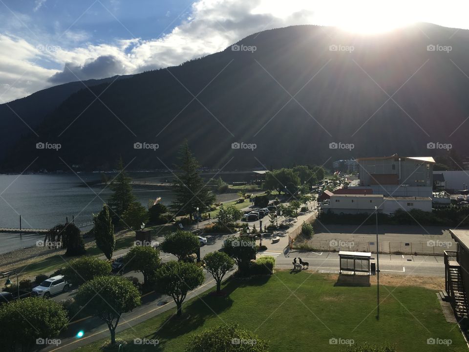 High angle view of house in front of mountains