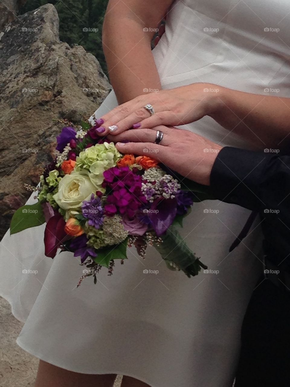 Rings on wedding bouquet