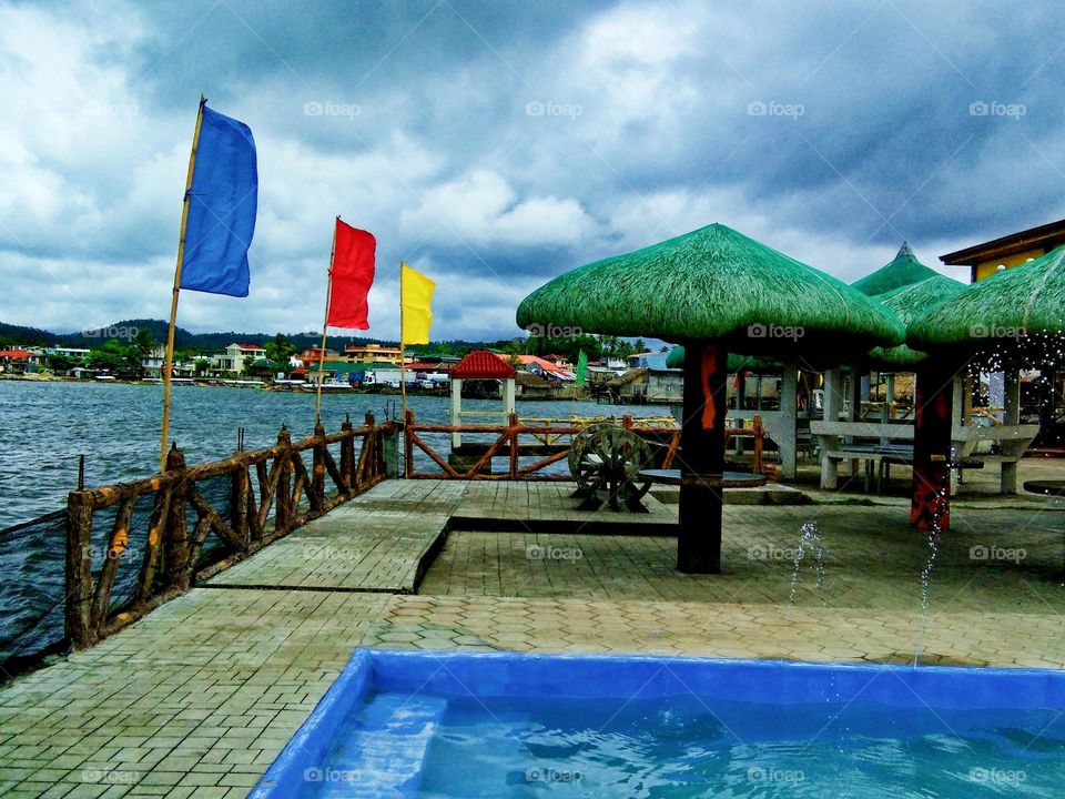 The combinations of wooden and metallic arts designed of Beach resort and swimming pool.