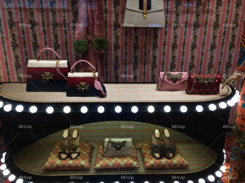 Beautiful Gucci bags and shoes displayed in window at the Mall of the Emirates in Dubai